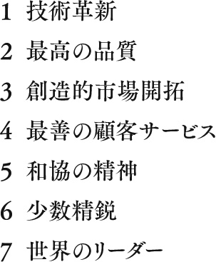 
										1 技術革新
										2 最高の品質
										3 創造的市場開拓
										4 最善の顧客サービス
										5 和協の精神
										6 少数精鋭
										7 世界のリーダー
									